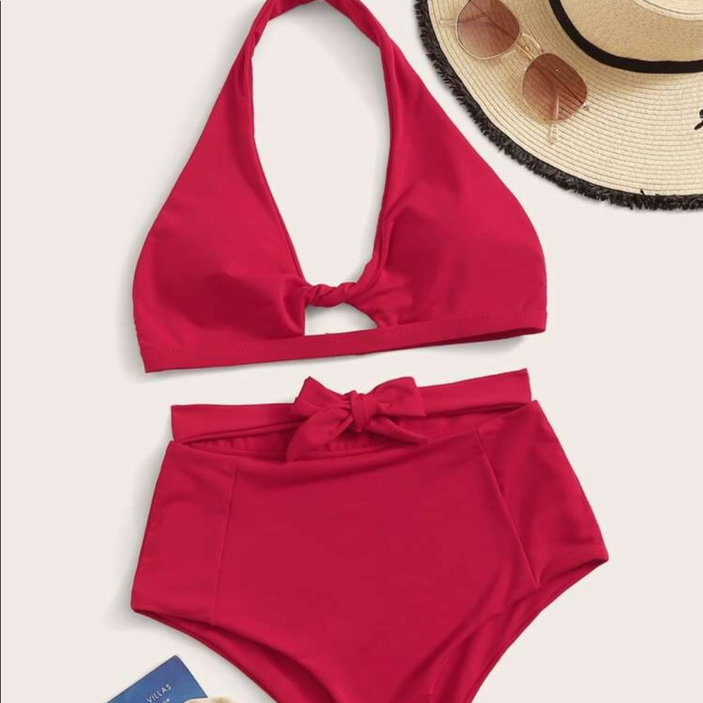 Halter Twist Top With High Waist Tie Bikini Set
